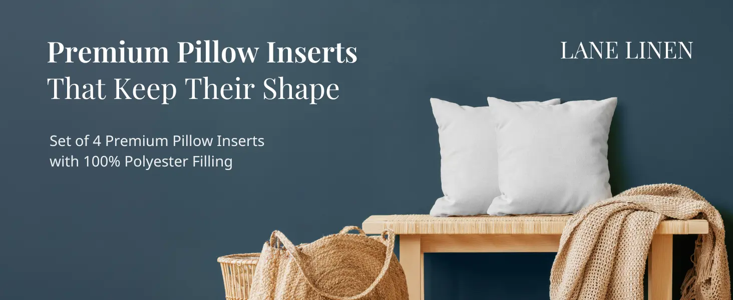 Lane Linen white pillow inserts on a bench, with 100% polyester filling.