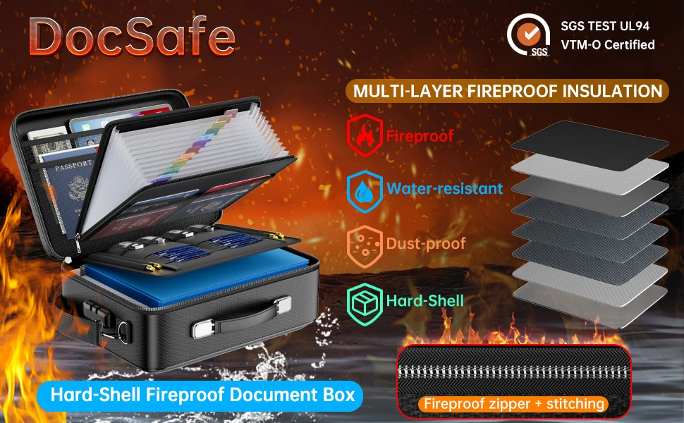 Hard-shell fireproof document box with multi-layer insulation. Features fireproof, water-resistant, and dust-proof protection. Expandable file organizer inside, with fireproof zipper and stitching.