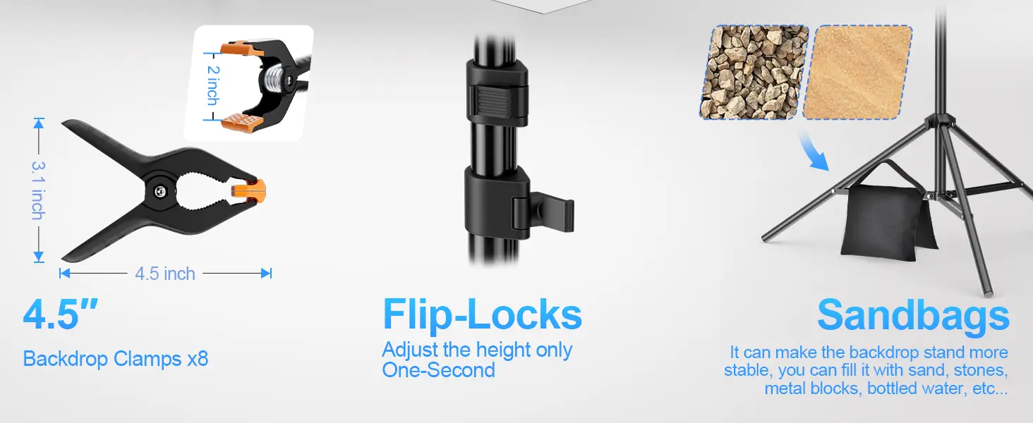 EMART Backdrop Stand 10x7ft with 8x 4.5inch Backdrop Clamps, 2 Sandbags, Flip-Locks One-Second Open