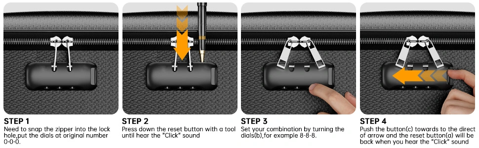 Four-panel instructional image showing steps to open a combination lock. Panels demonstrate entering code, lifting shackle, and rotating to unlock position.