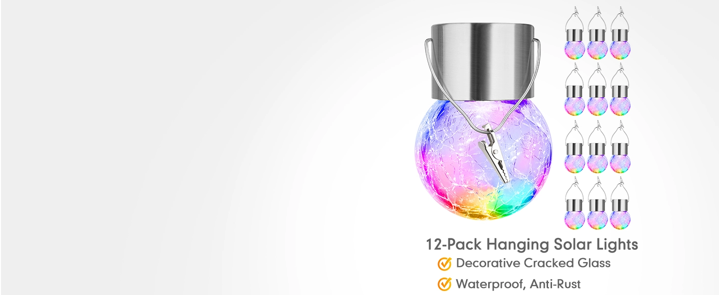 12-Pack Hanging Solar Lights, Decorative Cracked Glass Ball Light, Solar Powered Globe Lighting