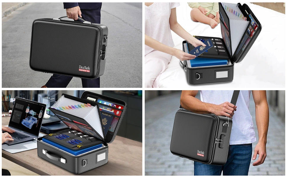 Hard-shell carrying case for electronic devices. Multiple panels show it being carried, opened to reveal compartments for tablets or laptops, and used as a mobile workstation.