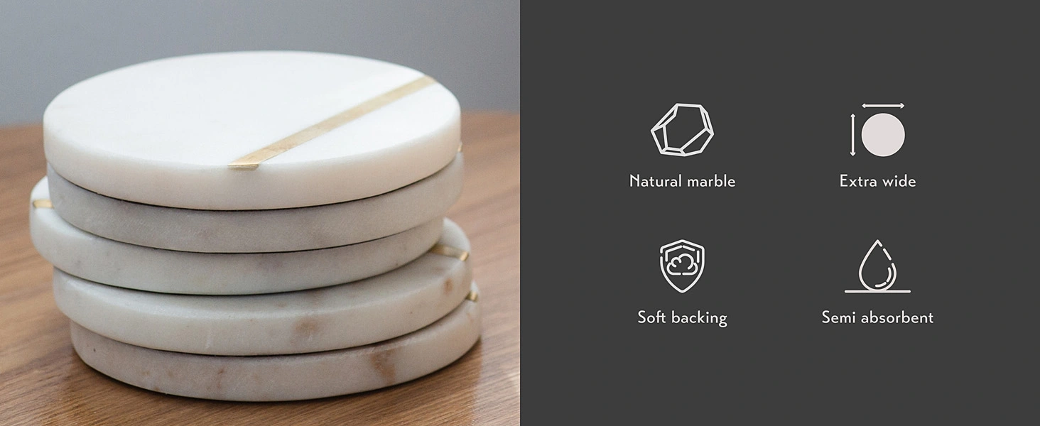 marble coaster set - natural marble, extra wide, semi absorbent, soft backing