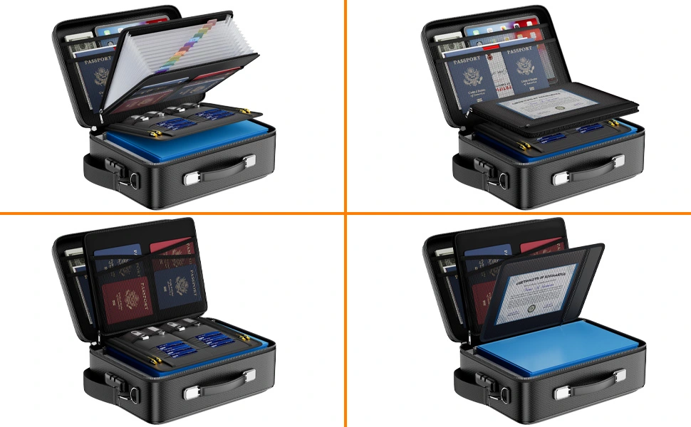 Portable document scanner with multiple compartments. Open lid reveals scanning surface and storage areas for passports, cards, and other documents. Four views show different configurations and uses.