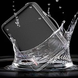 Black rectangular device with textured surface splashing into water. Water droplets and splash crown surround the device, demonstrating water resistance or waterproof capabilities.