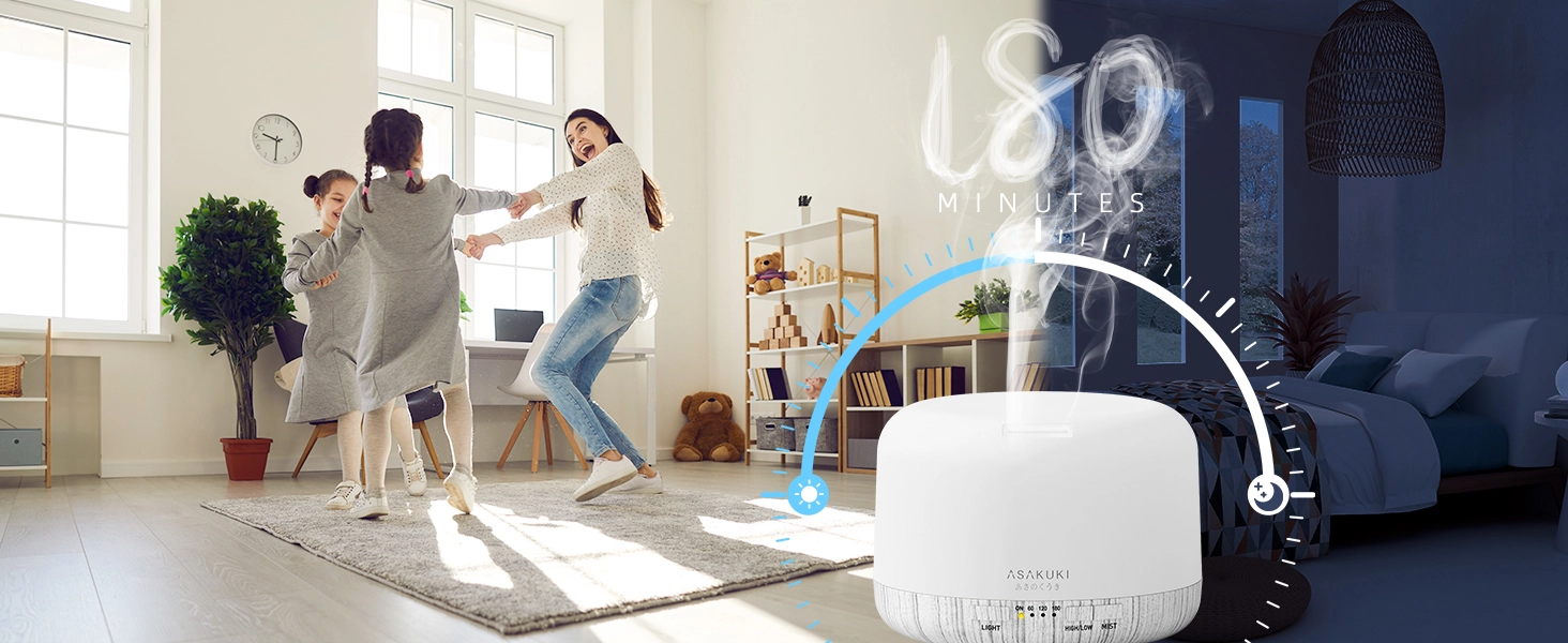 essential oil difuser with 4 timer, steady on, 1 hour, 2 hours and 3 hours