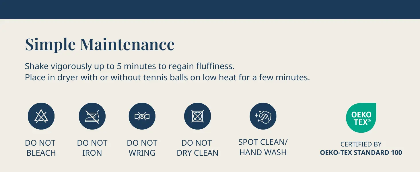 Care tips: Shake to fluff, dryer-friendly; no bleach, iron, wring, dry clean. OEKO-TEX certified.