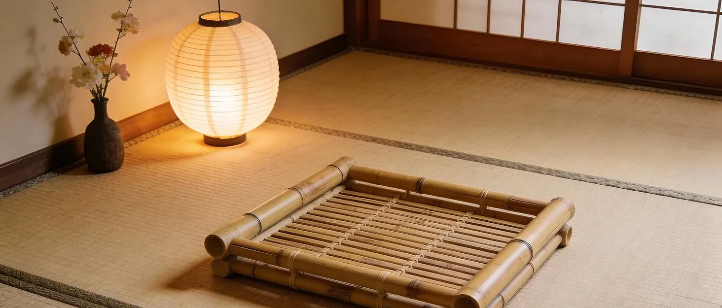 A tidy entryway with a stylish bamboo shoe rack bench against a neutral wall, showcasing neatly orga