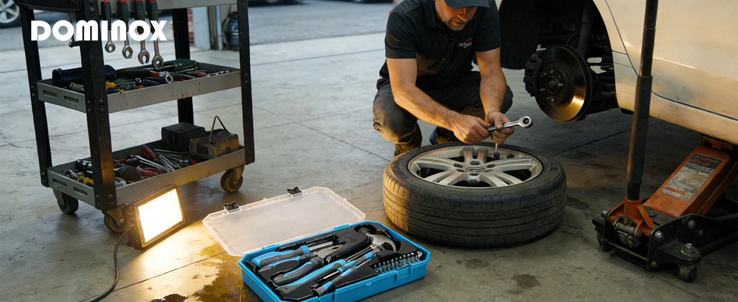 Text reads 'DOMBOX'. Series of images showing automotive tire service process with tools and equipment laid out on floor, including blue tool set and wheel service equipment.