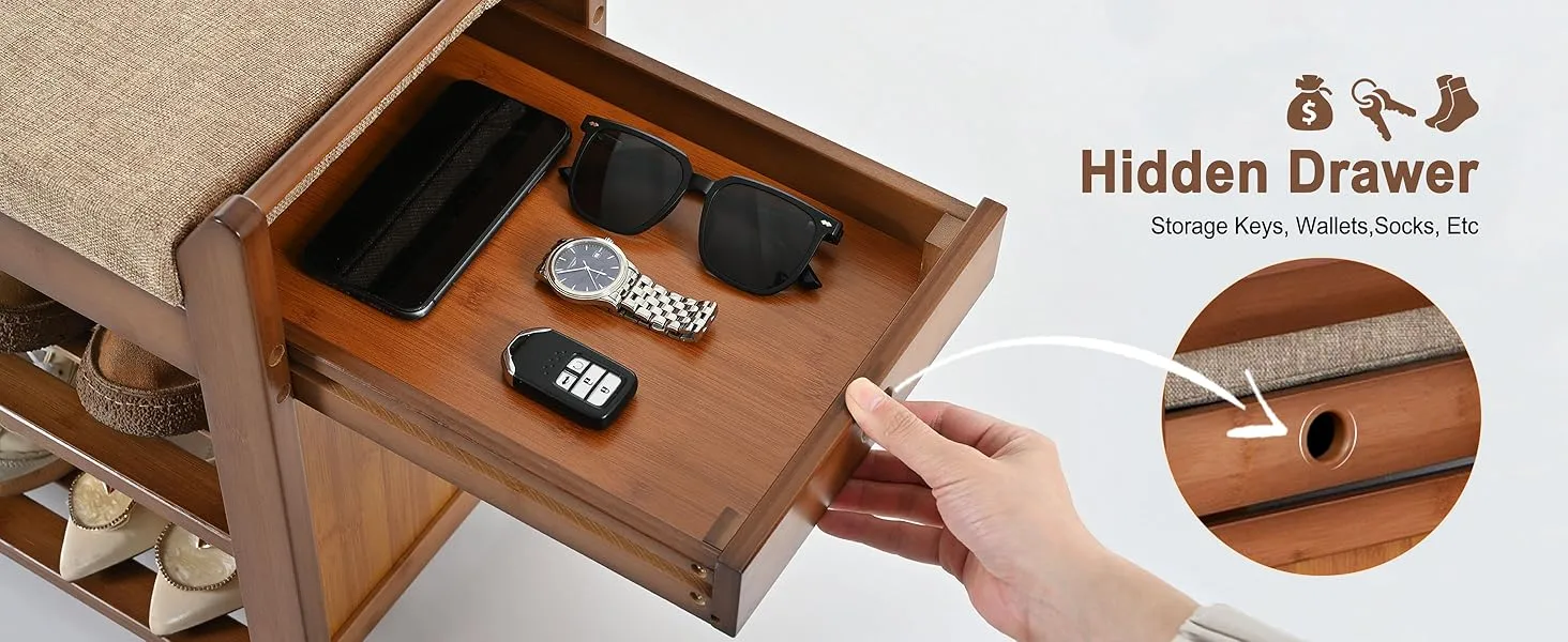 hiddden drawer of shoe bench