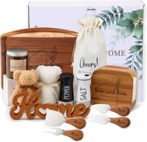 14 Pcs House Warming Gifts New House Basket Housewarming Closing Present Home Sweet Acacia Wood Serving Board for Home Buyers Couple New Homeowners