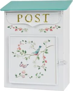 Mailbox Wall Mount Mailboxes for Outside Vintage Mail Boxes for House Outside Metal Drop Box Antique Style Nostalgic Charm Home Decorative, Flower Pattern, White
