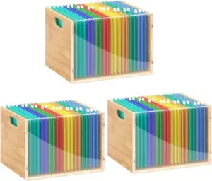 3 Pack Hanging File Organizer, Clear Acrylic File Box Organizer, Bamboo Filing Box File Crate Organizer Storage Boxes, Portable Filing Organizer with Handle for Letter Size