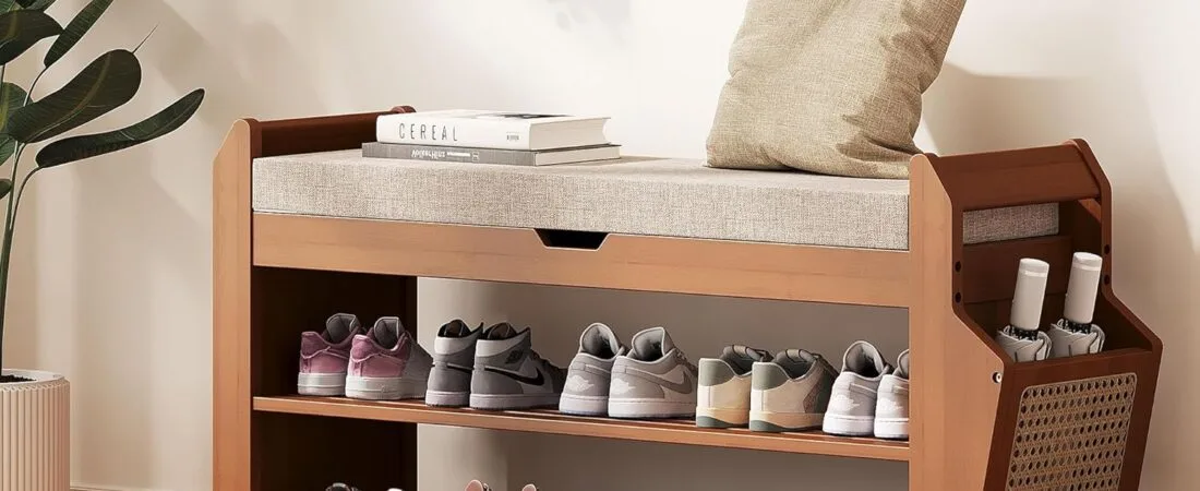 31.5″ Bamboo Shoe Rack Bench with Storage, 3-Tier Entryway Bench with Thick Cushion, Flip-Top & Side Baskets, Holds Up to 550 LBS for Hallway, Living Room, Bedroom