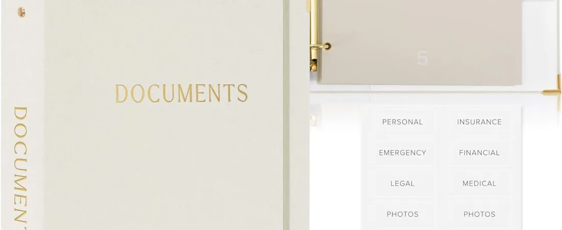 Aesthetic Document Organizer – Sturdy Linen 3-Ring Binder Safely Stores All Your Important Documents and Files in One Place – Easy to Use Expanding Storage Folder Incl. Envelopes, Pockets & Labels