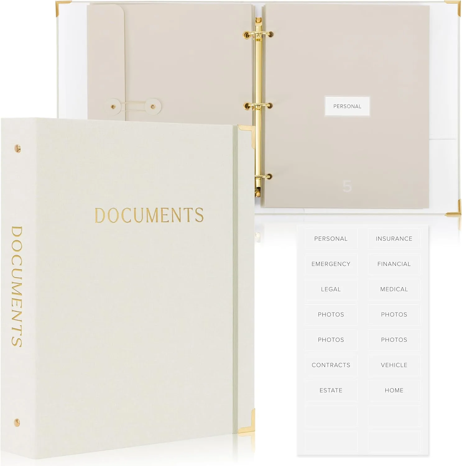 Aesthetic Document Organizer – Sturdy Linen 3-Ring Binder Safely Stores All Your Important Documents and Files in One Place – Easy to Use Expanding Storage Folder Incl. Envelopes, Pockets & Labels