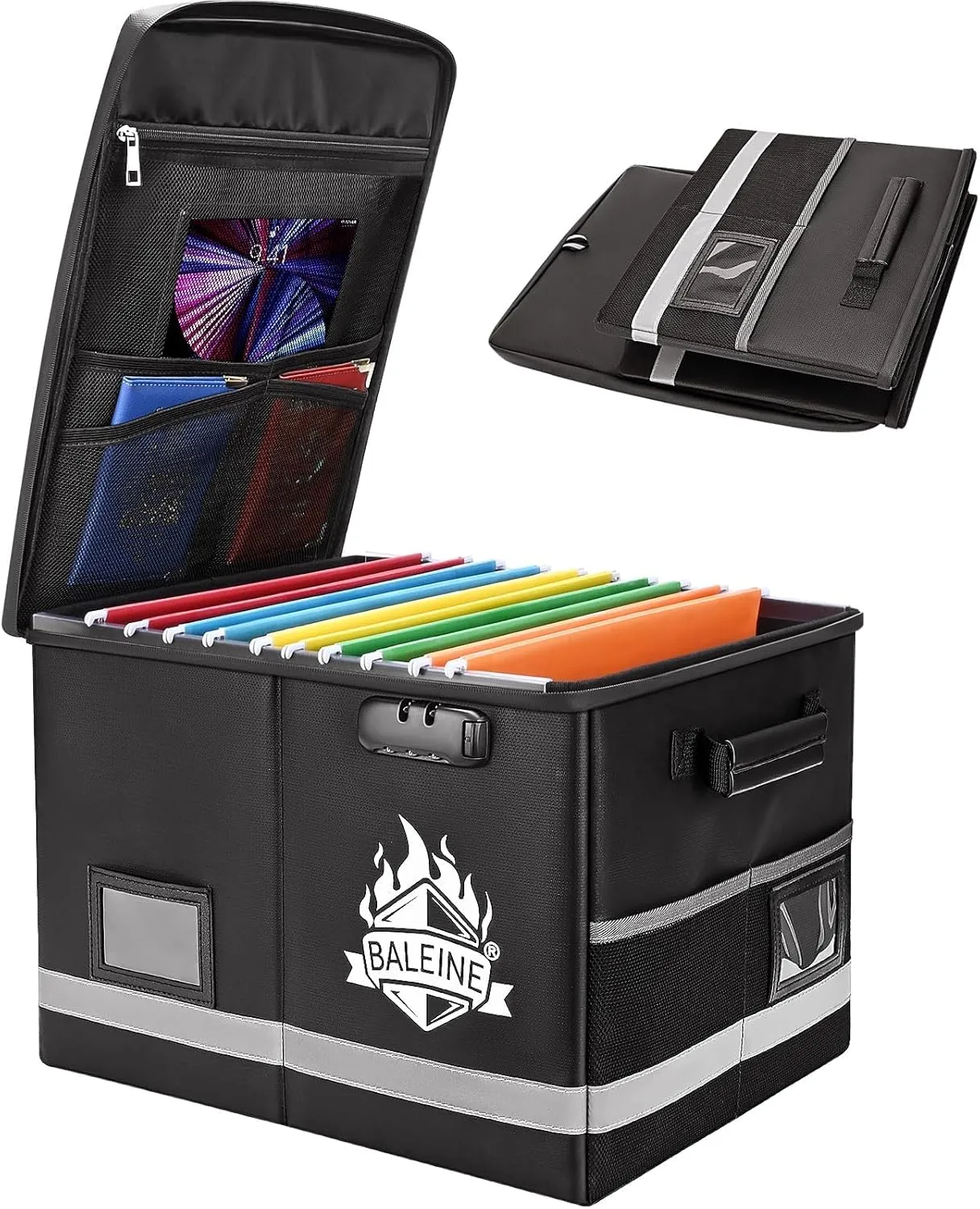 BALEINE Fireproof Document Box with Lock, Portable Waterproof Fire Proof File Organizer Box, File Storage Bag Safe Box for Important Paperwork (Black, 16”x12.5”x11.5”)