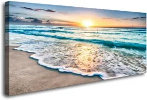 Baisuart S02250 Canvas Prints Wall Art Beach Sunset Ocean Waves Nature Pictures Stretched Canvas Wooden Framed for living Room Bedroom and Office