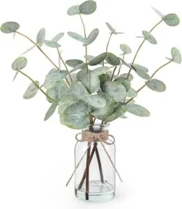 Bessol Artificial Eucalyptus Stems in Glass Vase with Faux Water, 13.5” Fake Plants for Home Decor, Coffee Table Centerpieces, Office, Bathroom & Farmhouse Weddings - Faux Greenery Plants Decorations