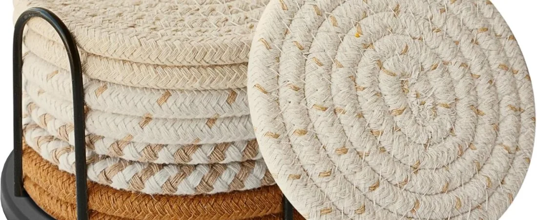 Coasters Set of 8 for Drinks, Beer, Coffee, Cotton Woven 4 Colors Absorbent Coaster with Holder, Boho Coasters for Home Decor Tabletop Protection Suitable for Kinds of Cups, Coffee