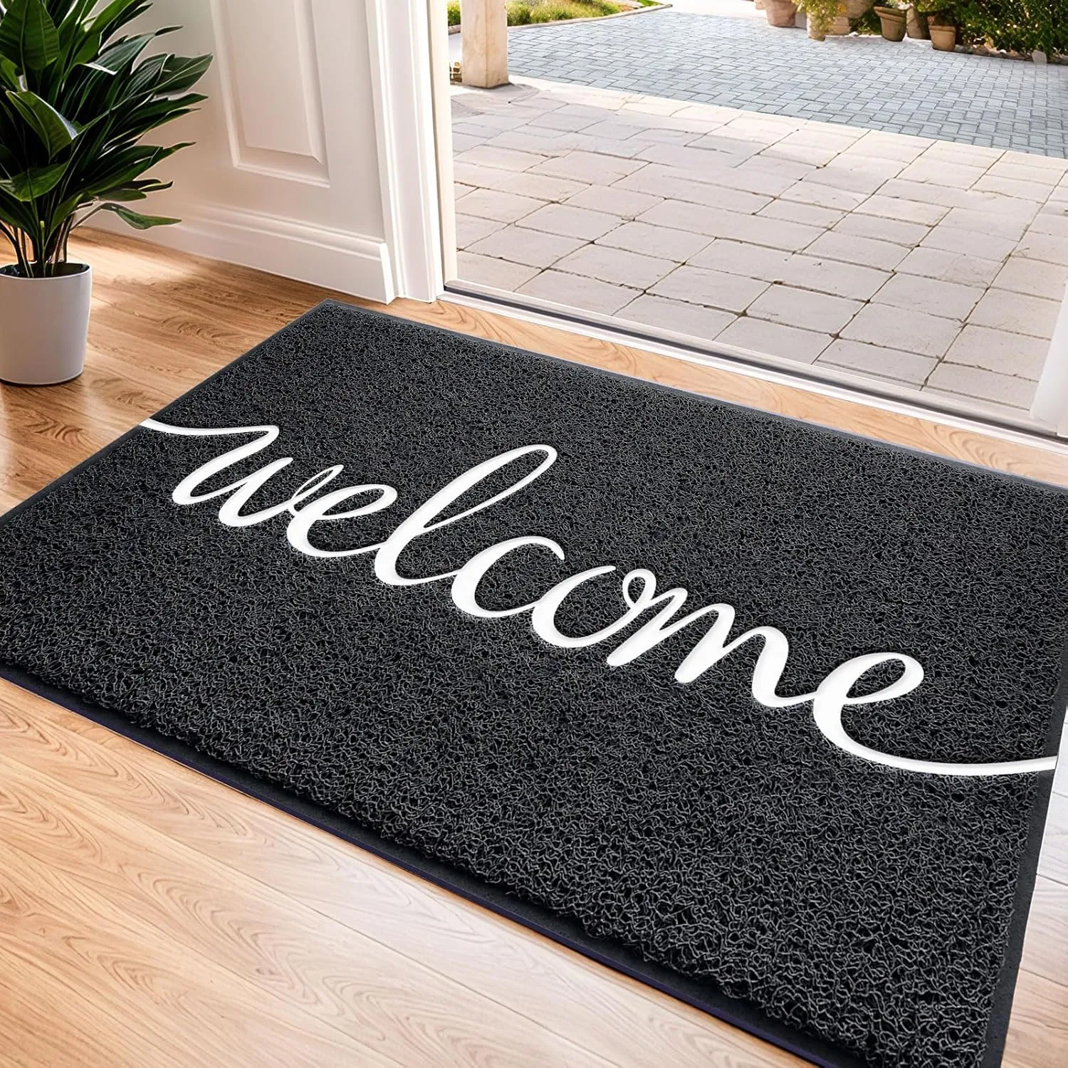 CozyBounty Black Door Mat Welcome Mats Outdoor Indoor Non-Slip Doormat for Entryway Low-Profile Floor Mat for Yard, Garage, High Traffic Areas (30″x17.5″, Black)
