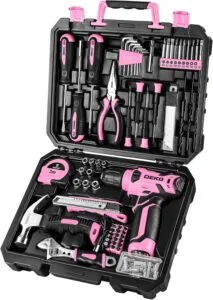 DEKOPRO Drill Set, Home Tool Set with 8V Pink Cordless Drill, Hand Tool Kit for Women, 126 pcs