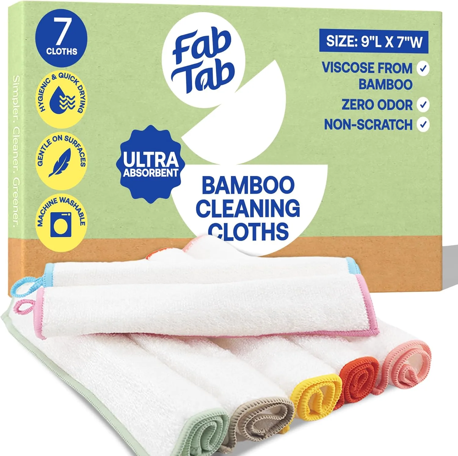 Fab Tab Viscose Made from Bamboo Cleaning Cloths Ultra Absorbent, Reusable Kitchen Cloths, Quick Drying, Non-Scratch, Color Coded Cleaning Cloths, Includes Coconut Sponge, Multicolor, 7-Pack