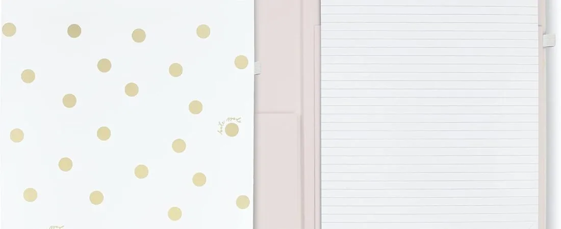Kate Spade New York A4 Clipboard Folio with Low Profile Clip, Professional Padfolio Includes Lined Notepad, Pen Loop, and Pocket, Gold Dot with Script