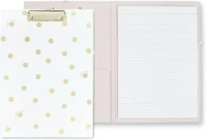 Kate Spade New York A4 Clipboard Folio with Low Profile Clip, Professional Padfolio Includes Lined Notepad, Pen Loop, and Pocket, Gold Dot with Script