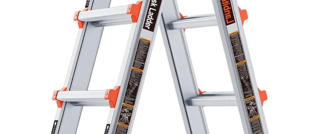 LANBITOU Ladder, A Frame 4 Step Ladder Extension, 14 FT Anti-Slip Multi Position & Storage Folding Ladder, 330 lbs Security Load Telescoping Aluminum Ladders for Stairs Home Indoor Outdoor Roof
