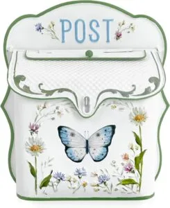 Mailbox Wall Mount Mailboxes for Outside Vintage Mail Boxes for House Outside Metal Drop Box Antique Style Nostalgic Charm Home Decorative, Butterfly Pattern, White