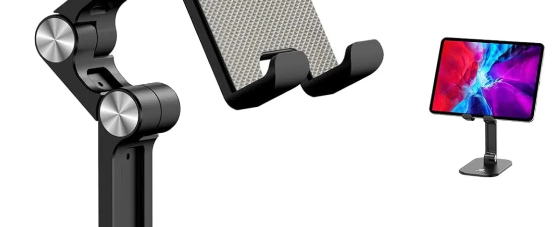 OCYCLONE Phone Stand, Adjustable Height and Angle Foldable Cell Phone Stand Holder for Desk, Taller iPhone Stand Compatible with 4.7″-13″ Smartphones iPad Tablet, Black