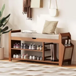 PETKABOO 39.4" Bamboo Shoe Rack Bench, 3-Tier Entryway Bench with Thick Cushion, Flip-Top & Side Storage, Holds Up to 550 LBS for Hallway, Living Room, Bedroom