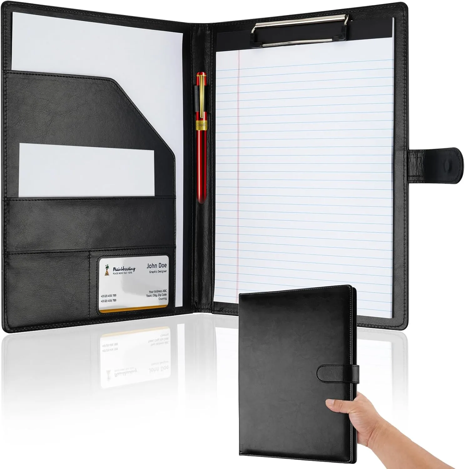 Professional Padfolio with Clipboard, Faux Leather Portfolio Folder Binder, Legal Pad Holder for A4 Letter Size Notepad, Resume, Writing Pad, Ideal Organizer for Business Office Conference, Black