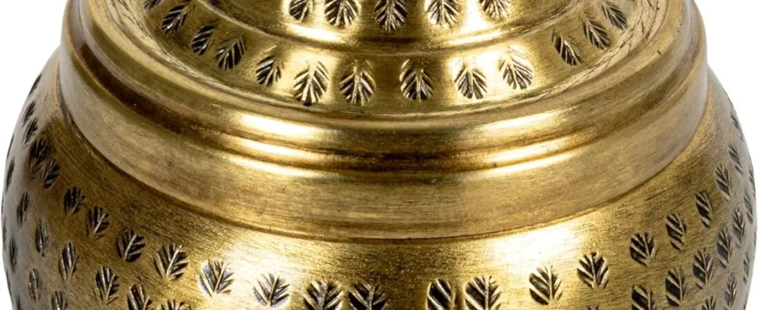 Round Hammered Metal Container with Bird Finial, Brass Finish