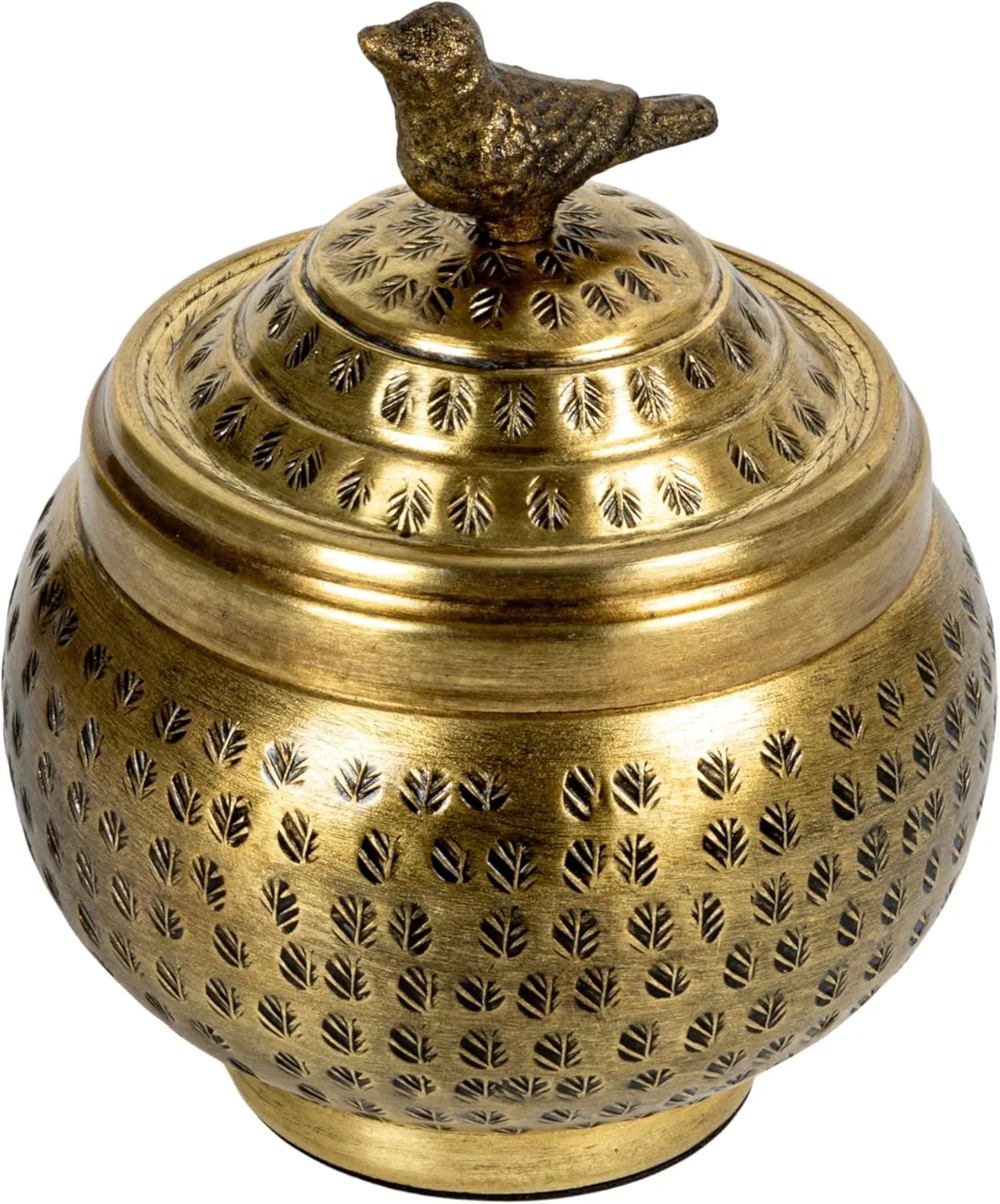 Round Hammered Metal Container with Bird Finial, Brass Finish Round Hammered Metal Container with Bird Finial, Brass Finish