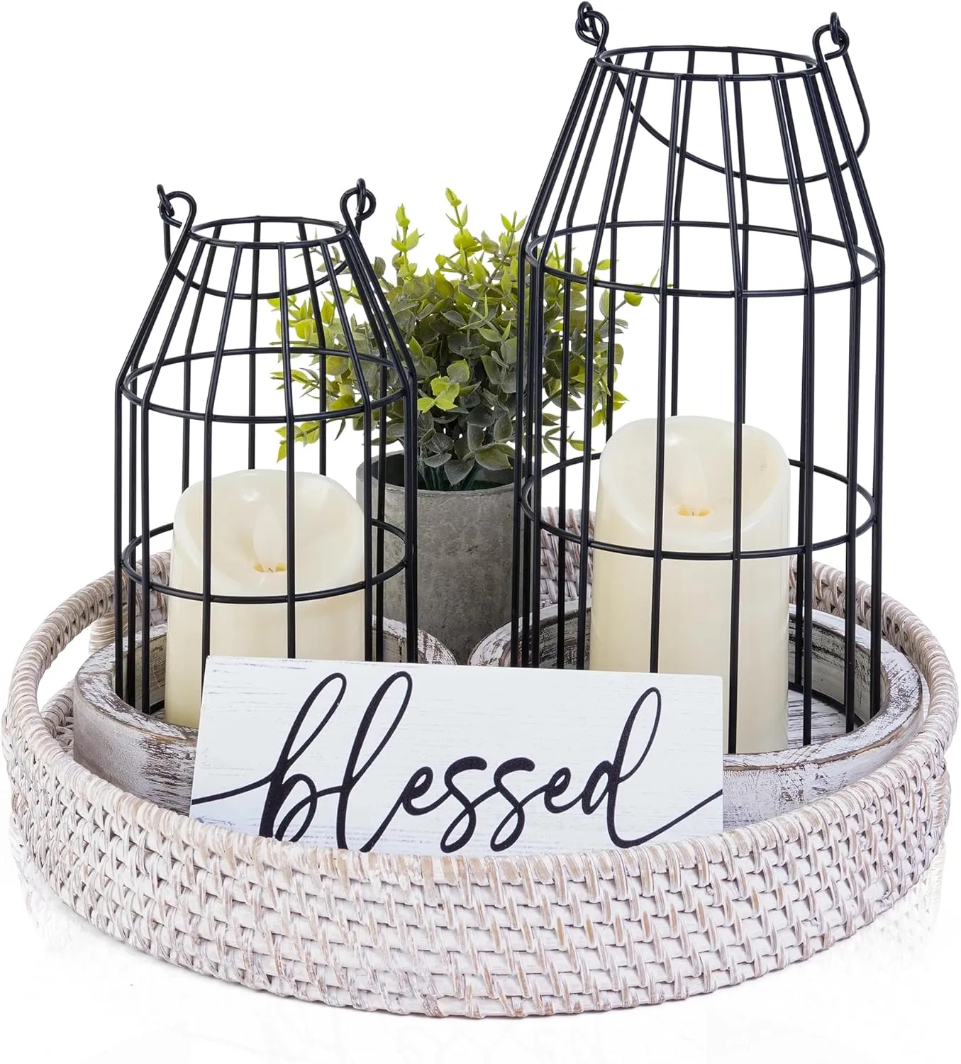 Rustic Farmhouse Lanterns Set of 7, Modern Home Decor for Dining Table Centerpieces Living Room Fireplace Mantel Decoration, White