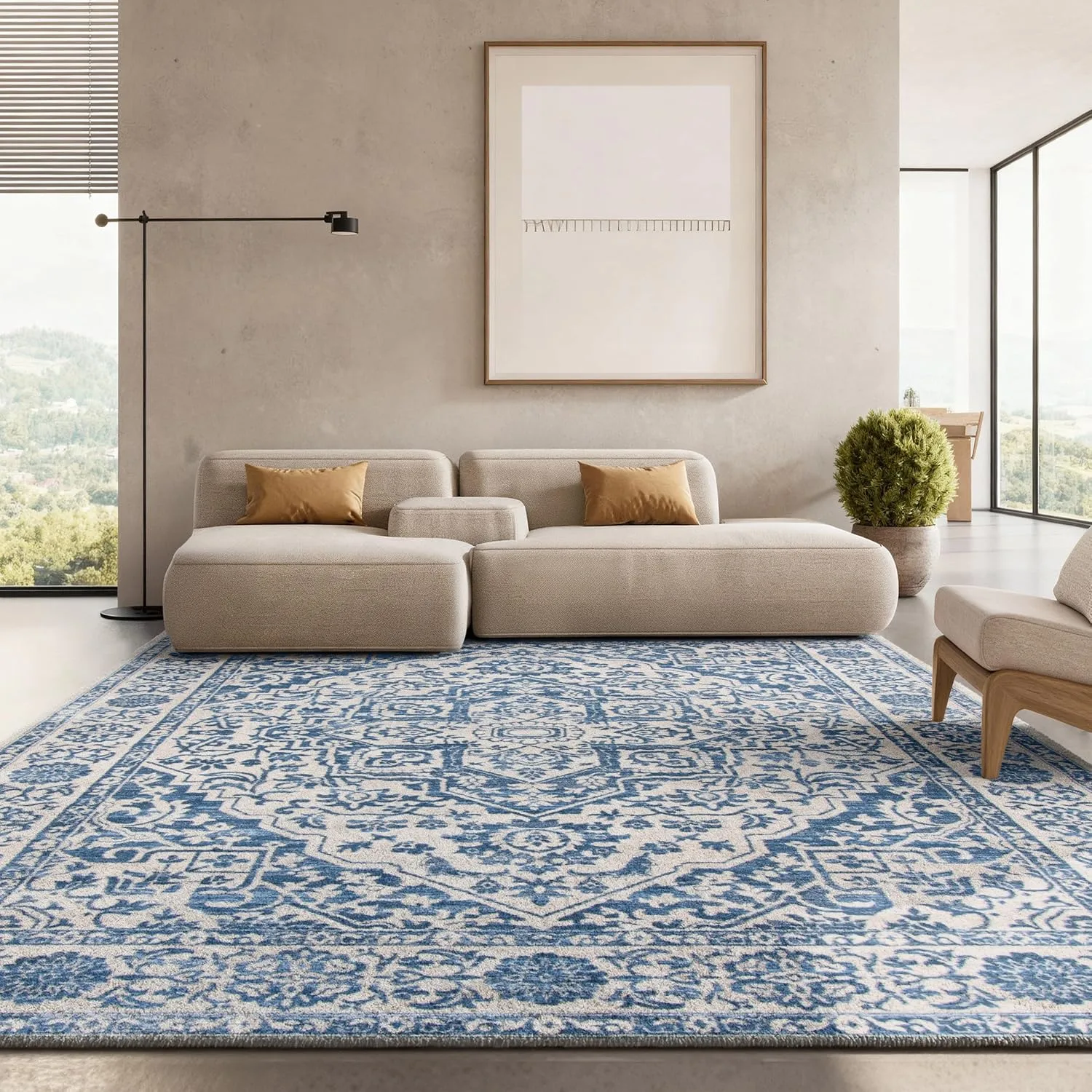 SAFAVIEH Brentwood Collection Area Rug – 8′ x 10′, Navy & Light Grey, Medallion Distressed Design, Non-Shedding & Easy Care, Ideal for High Traffic Areas in Living Room, Bedroom (BNT832M)