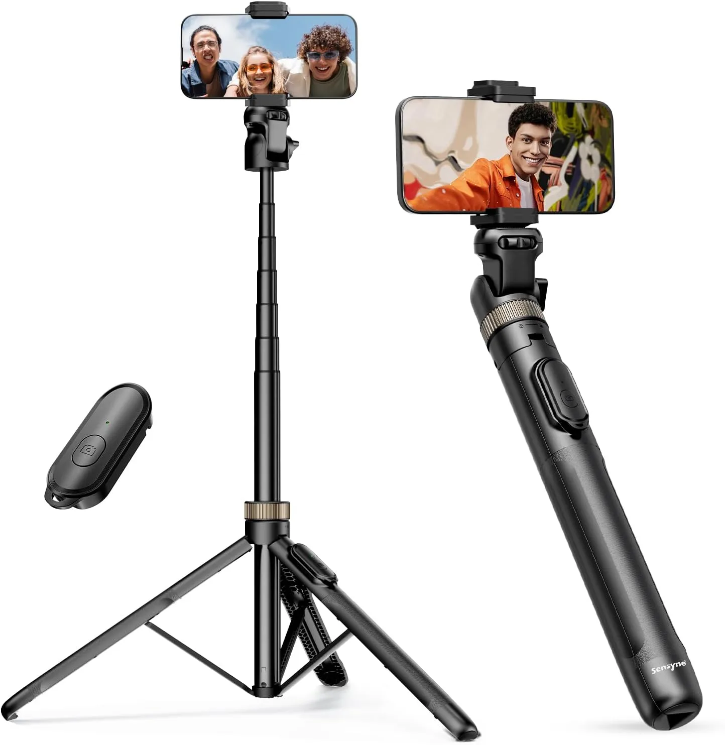 Sensyne 72″ Extendable Tripod for iPhone & Selfie Stick with Detachable Phone Holder & Wireless Remote, Compatible with All Cell Phones, Black