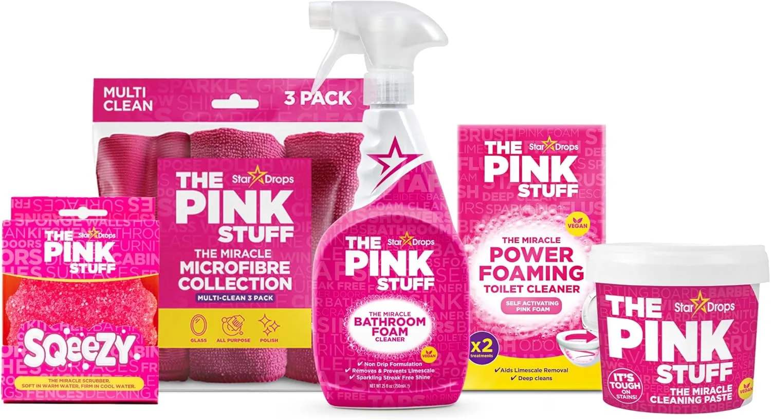 Stardrops – The Pink Stuff Bathroom Cleaning Kit – Cleaning Paste, Bathroom Foam Spray, Toilet Foaming Powder, SQeeZY Sponge & 3 Microfiber Cloths – Tough on Stains, Grease & Soap Scum Stardrops – The Pink Stuff Bathroom Cleaning Kit – Cleaning Paste, Bathroom Foam Spray, Toilet Foaming Powder, SQeeZY Sponge & 3 Microfiber Cloths – Tough on Stains, Grease & Soap Scum