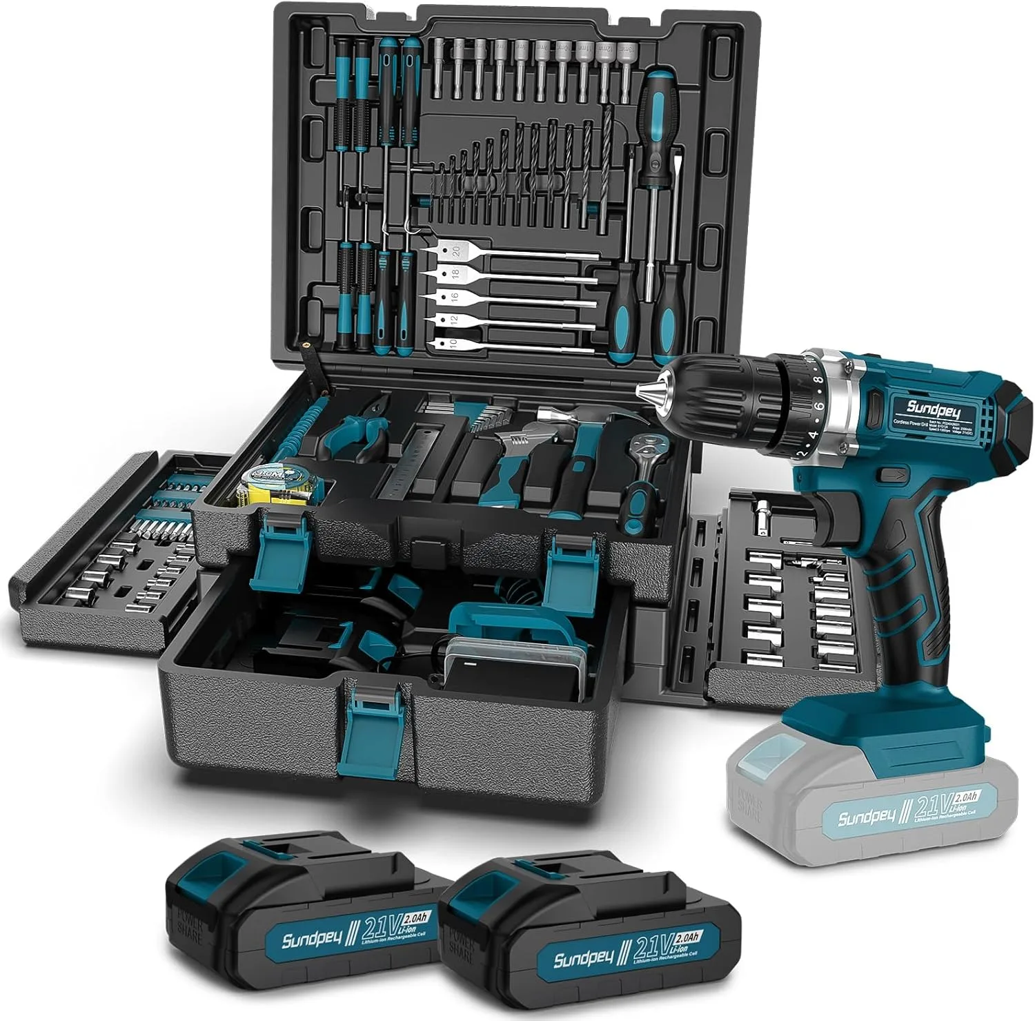 Tool Kit with 21V Cordless Drill – Sundpey 255-PCs Portable Complete General Basic Home and Auto Repair Tool Set with Drawer for Handyman & Diyer & Homeowner – Power Drill with 2 x 2.0Ah Batteries
