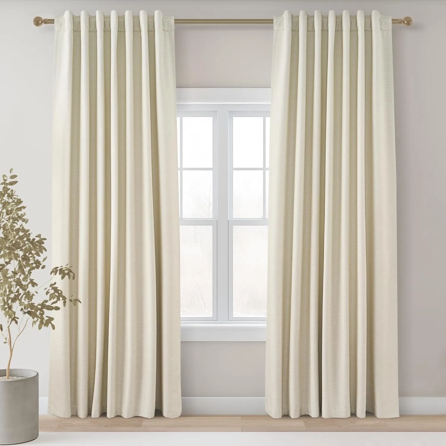 Topfinel Cream Ivory Blackout Curtains & Drapes 84 Inch Length, Beige Pinch Pleat Full Blackout Flax Linen Tab Top Soundproof Curtains with Hooks Rings for Bedroom Living Room Track 2 Panels Set