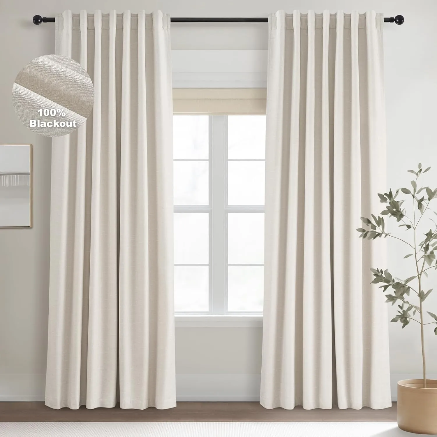 Topfinel Linen Blackout Curtains 96 Inch Long, Boho Farmhouse Ivory Birch Viral Drapes Pinch Pleated Curtains with Hooks for Living Room, Neutral 8 FT Back Tab Bedroom Curtains 52″ X 96″ 2 Panels
