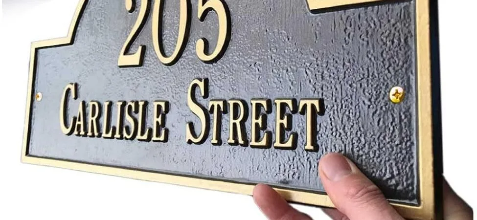 Whitehall™ Personalized Cast Metal Address Plaque with Arch Top. Made in the USA. BEWARE OF IMPORT IMITATIONS. Display Your Address and Street Name. Custom House Number Sign. Wall Mounted Sign.