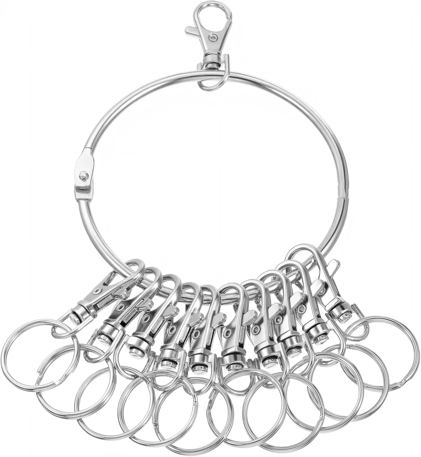 1 Pcs Key Holder for Keychain, Portable Round Metal Ring Key Organizer Holder with 10 Swivel Clasps Hooks Janitor Keys Ring for Warehouse Office School Home Use, Silver