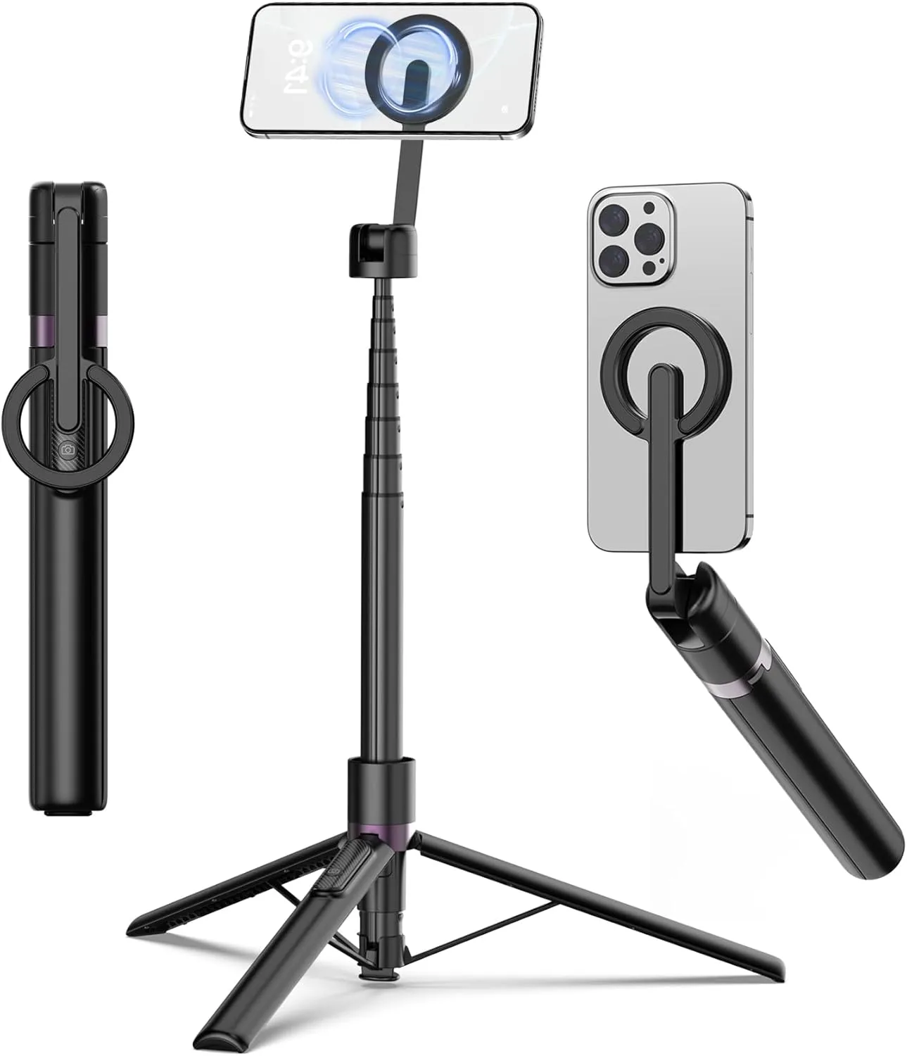 TONEOF 68″ Magnetic Selfie Stick Tripod with Aluminum Strong Magnetic Holder for Magsafe, 360° Rotatable Travel Phone Tripod Stand with Metal Ring & Rechargeable Remote for iPhone/Android（Black）