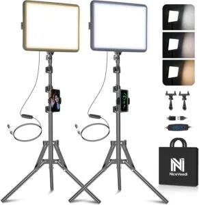 2-Pack LED Video Light Kit, NiceVeedi Studio Light, 2800-6500K Dimmable Photography Lighting Kit with Tripod Stand&Phone Holder, 73" Stream Light for Video Recording, Game Streaming, YouTube