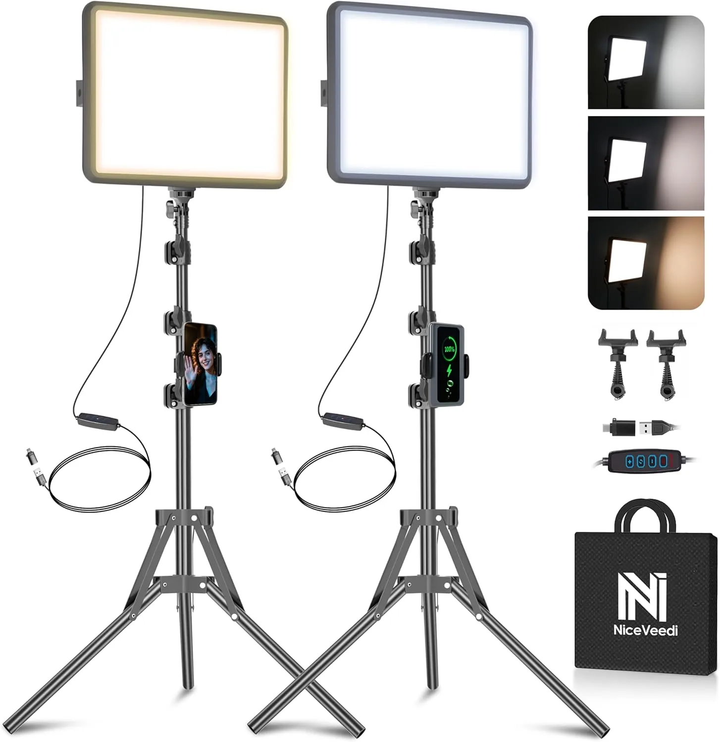 2-Pack LED Video Light Kit, NiceVeedi Studio Light, 2800-6500K Dimmable Photography Lighting Kit with Tripod Stand&Phone Holder, 73″ Stream Light for Video Recording, Game Streaming, YouTube 2-Pack LED Video Light Kit, NiceVeedi Studio Light, 2800-6500K Dimmable Photography Lighting Kit with Tripod Stand&Phone Holder, 73″ Stream Light for Video Recording, Game Streaming, YouTube