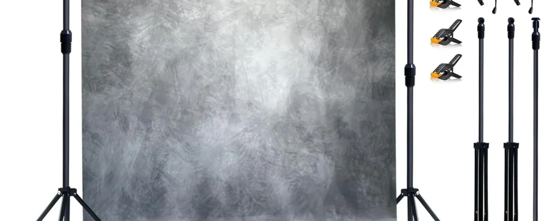 2-in-1 Portable Photo Backdrop Kit with 6x8ft Abstract Background – Includes Adjustable Stand, 8 Clamps & Storage Bag(Grey,6x8ft)