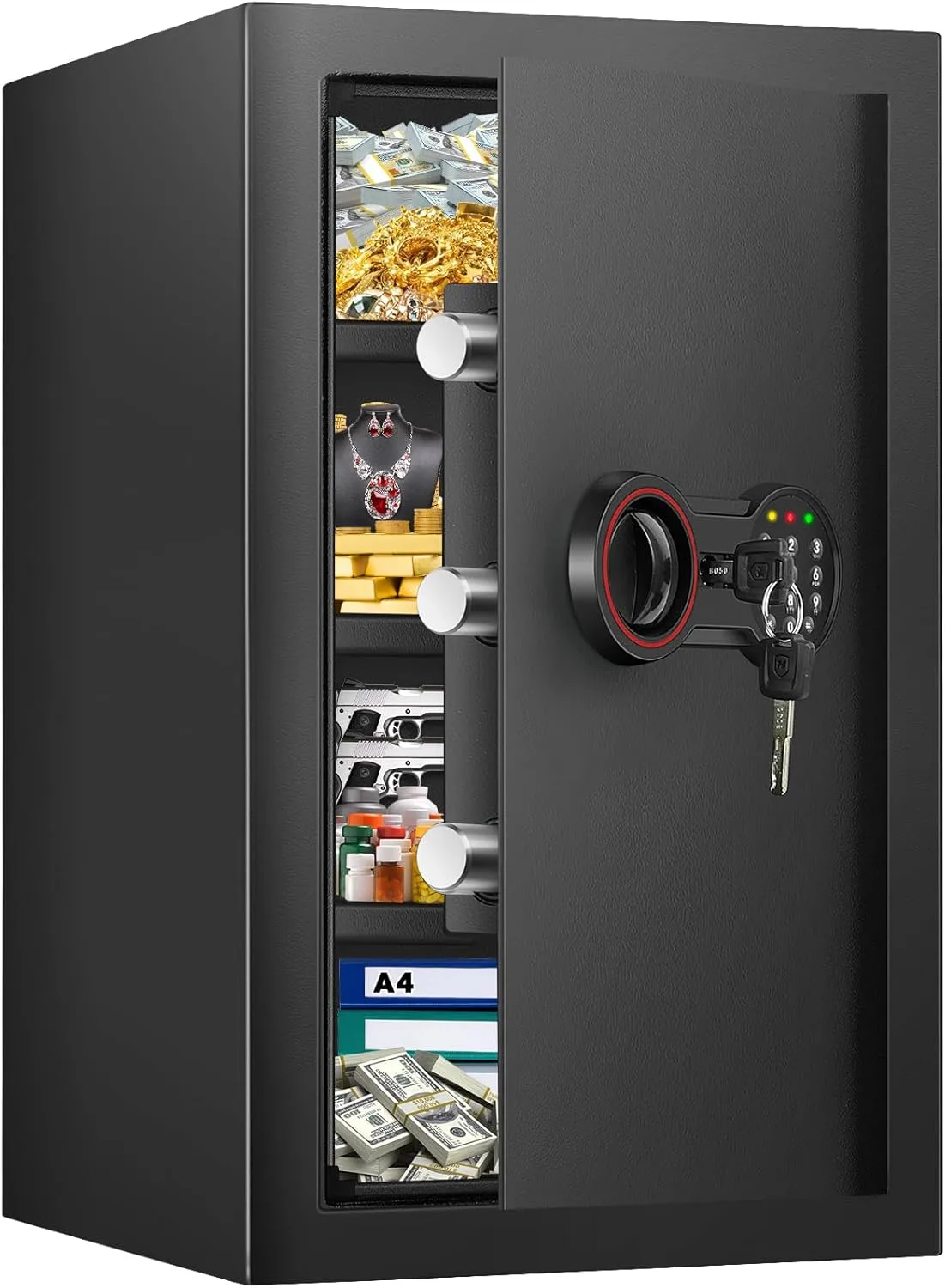 [23.6″ Tall] Large Safe Box with LED Light, Anti-theft Home Safes with Programmable Keypad, Spare Keys and 3 Removable Shelves, Digital Security Safes for Home Money Firearm Documents Medicines